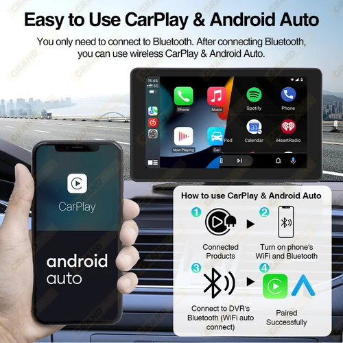 Imagen 2 del producto Grandnavi 7 pulgadas 4K DVR Radio de coche inalámbrico Carplay Android Auto reproductor de vídeo Multimedia pantalla inteligente para Ford KIA VW Nissan Honda