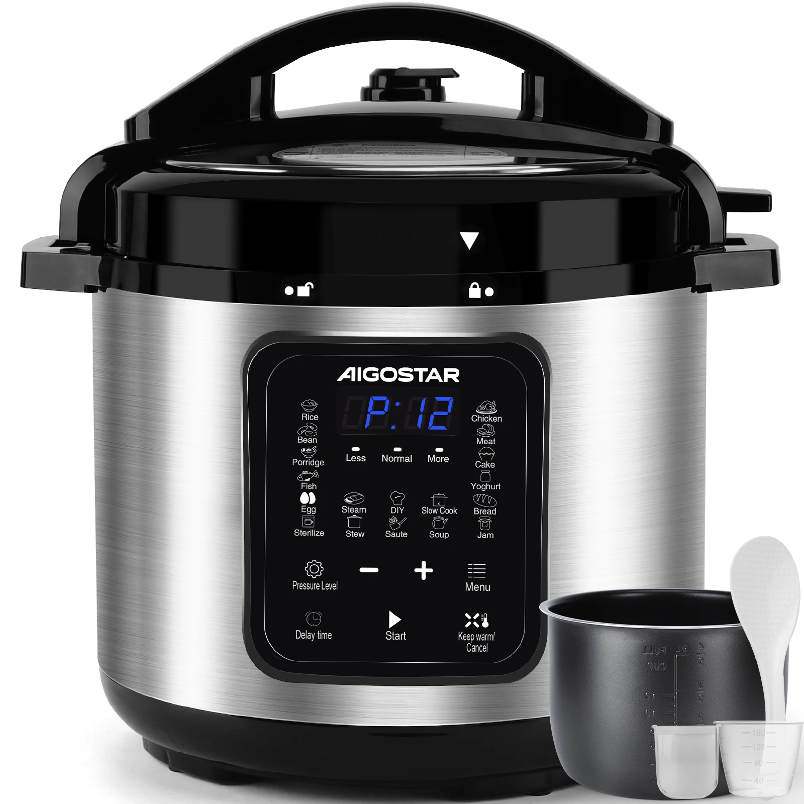 Aigostar Schnellkochtopf 6l, 18-in-1 Multikocher, Warmhalte, Antihaftbeschichteter, Einfache Reinigung, Digitaler Touchscreen, 1000 W Pressure Cooker, Rice Cooker, Slow Cooker, Dampfgarer, Edelstahl