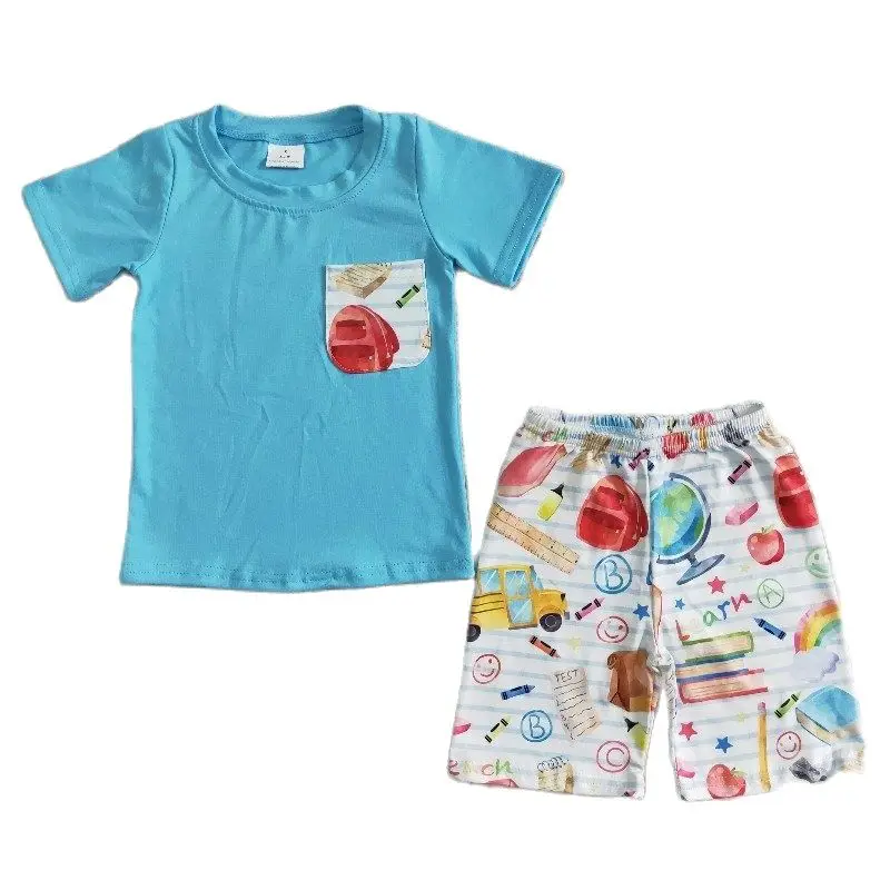 Kids Back to School Toddler Baby Boy New Clothes Outfit Children Blue Cotton Pocket Top Bus Learn Shorts Wholesale Set Clothing