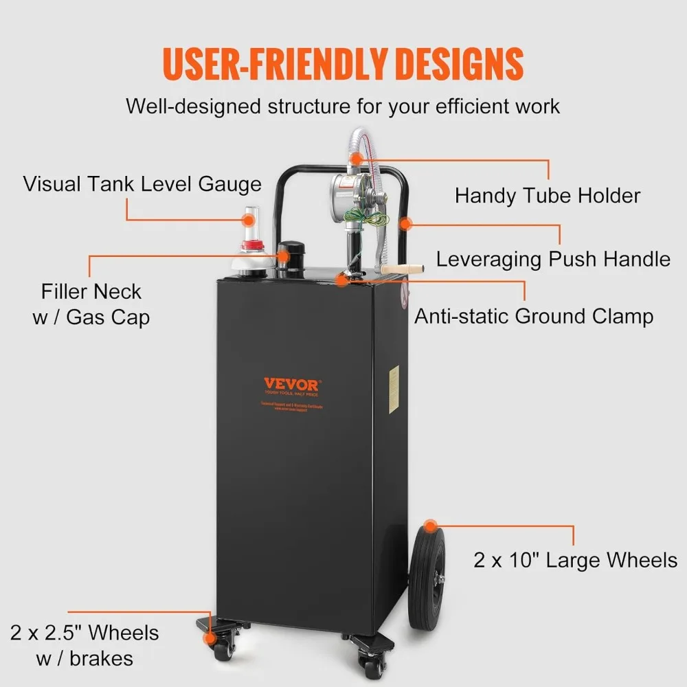 Portable 35 Gallon Fuel Storage Tank with Manual Pump for Gasoline and Diesel Vehicles