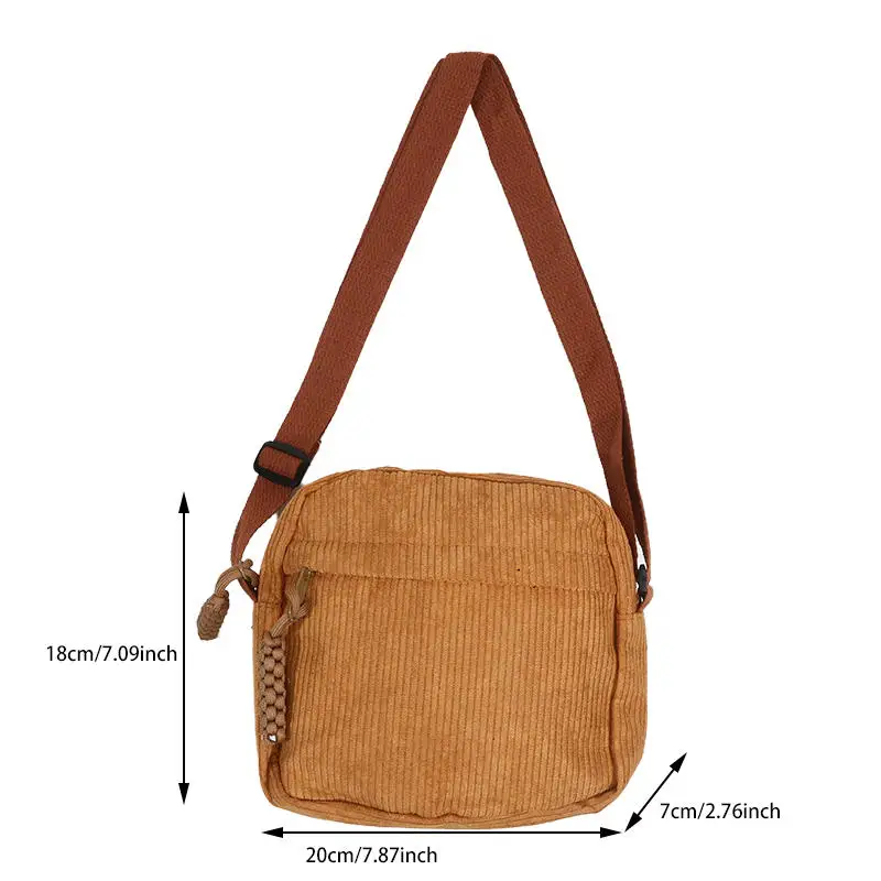 

Corduroy Crossbody Bag for Women Casual Harajuku Style Zipper Closure Adjustable Strap Multi Pockets Polyester Lining Beige