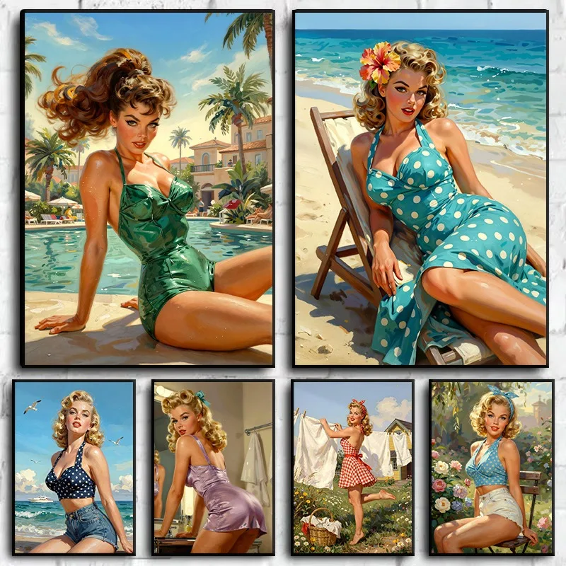 Nostalgic 1950s Style Blonde Pin Up Girl Poster Vintage Golden Hour Woman Swimsuit Canvas Painting Wall Art for Room Home Decor
