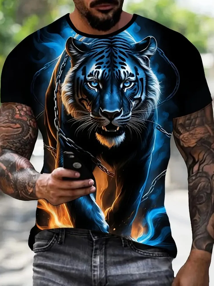 

T-Shirts for Men 3D Leopard Print Trendy Color Block Short Sleeve Tops Summer Outdoor Graphic T-Shirts Oversized Men's Clothing