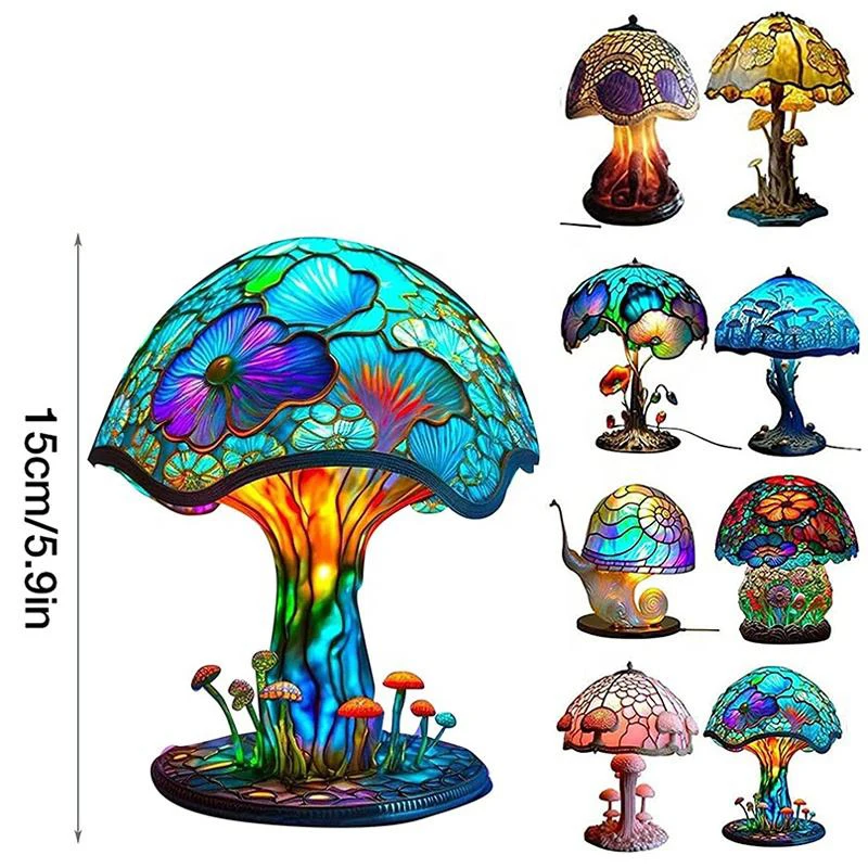 

Vintage Night Light Stained Resin Mushroom Table Lamp Plant Flower Series Snail Octopus Creative Colorful Bedroom Bedside