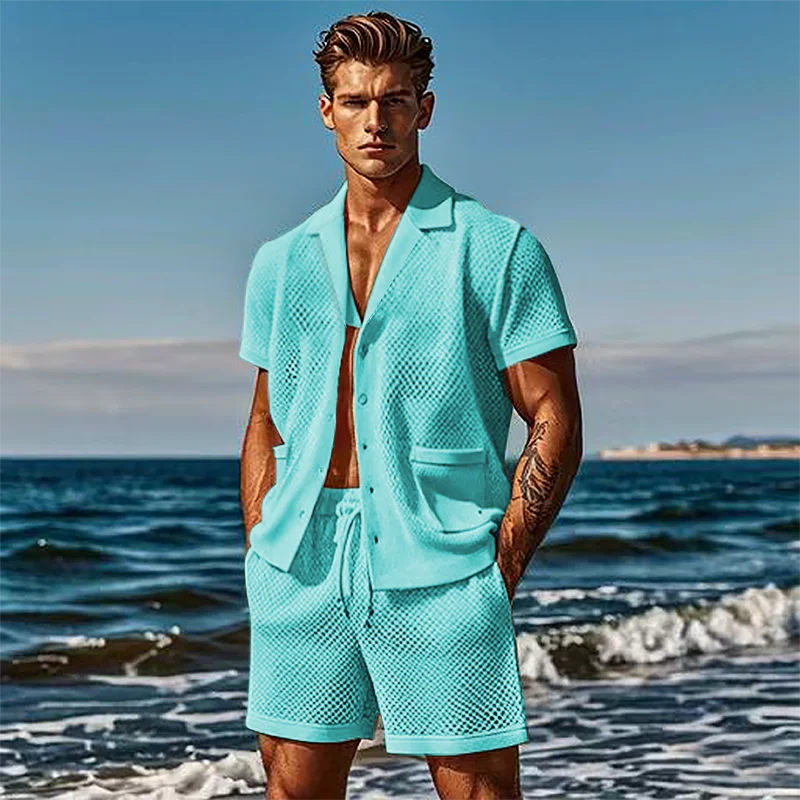 Terno transparente oco masculino, roupa fina casual, shorts de manga curta, venda quente independente da Amazon