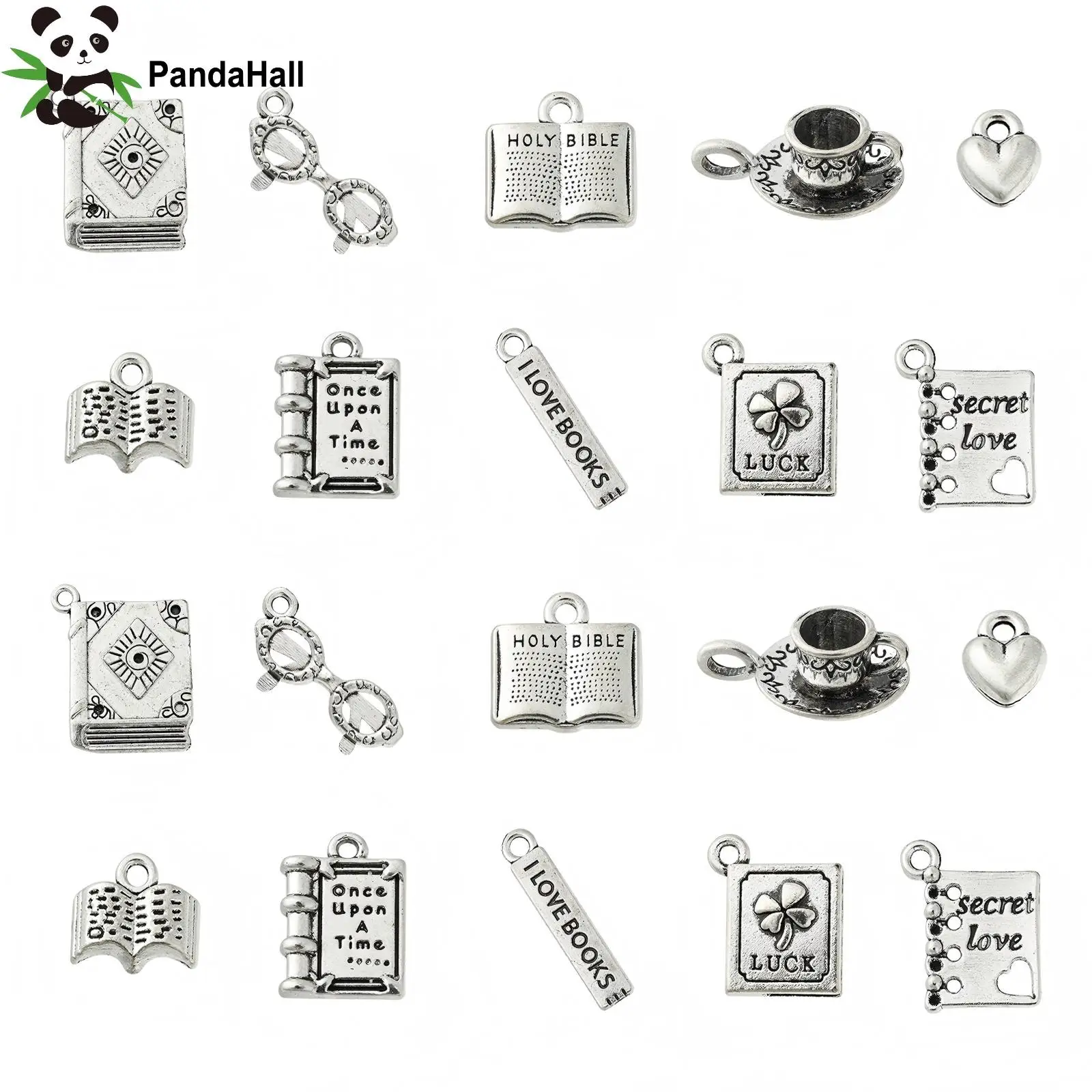 PandaHall  50Pcs 10 Styles Librarian Charms Tibetan Silver Glasses Coffee Book Charms for Jewelry Making Supplies
