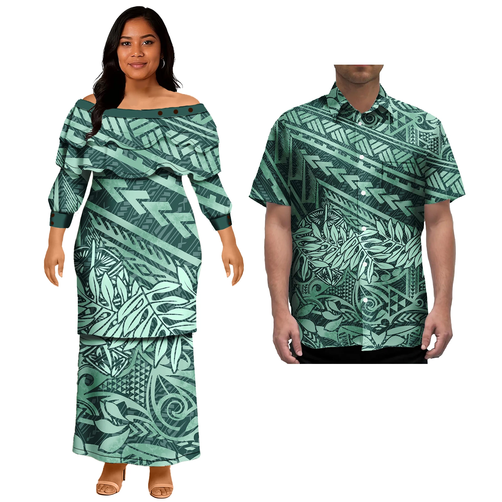 คนรักคู่คู่เสื้อผ้าชุดสักเผ่าของเขาและเธอเสื้อผ้า Polynesian ผู้หญิง Puletasi ชุดและชายเสื้อ