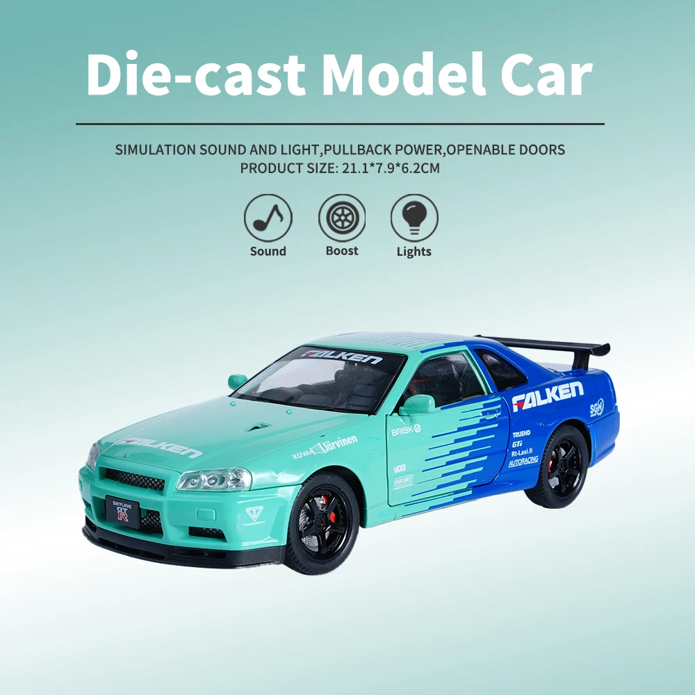 

Модель гоночного автомобиля из сплава 1:24, сине-зеленый градиент, 4 двери, звук и свет / отказоустойчивый / амортизатор, подходит для гоночной коллекции / бойфренду-сюрприз / подарок лучшему другу / Рождество