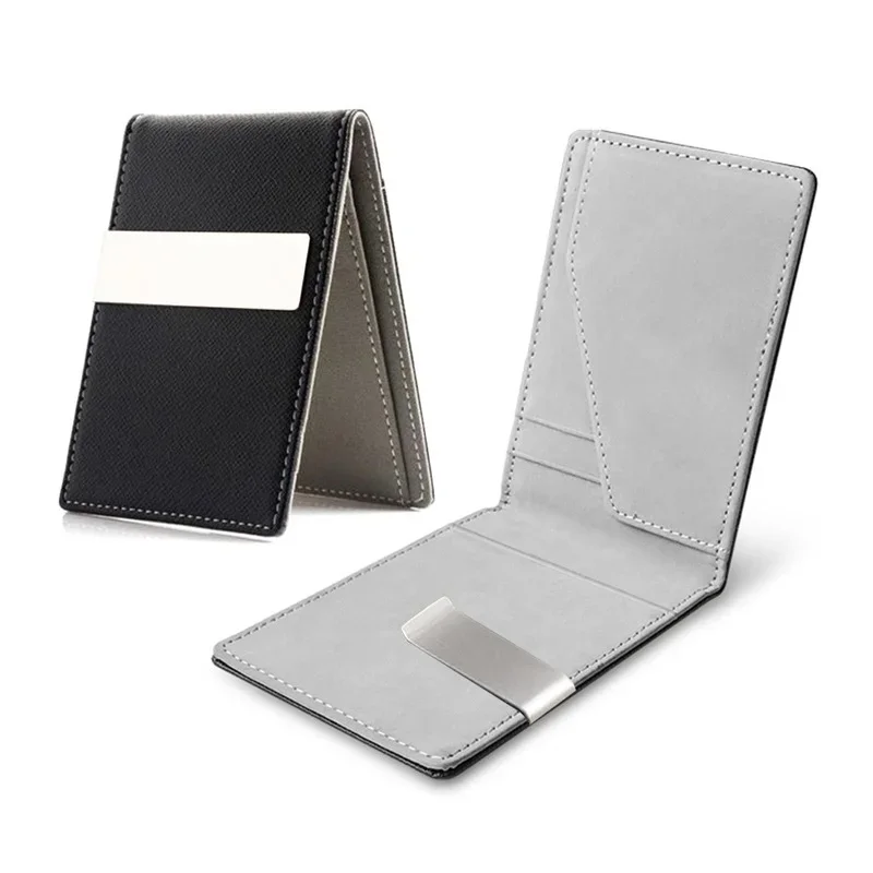 Hot Sale Fashion Solid Men's Thin Bifold Money Clip Leather Wallet with A Metal Clamp Female ID Credit Card Purse Cash Holder