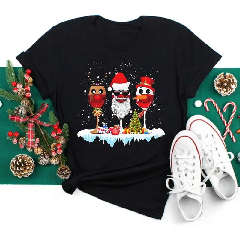 

Christmas Wine Glass Print Women's T-Shirts Cartoon Elk Pattern Short Sleeve Tops Casual O-neck Pullover Fashion X'mas Clothing
