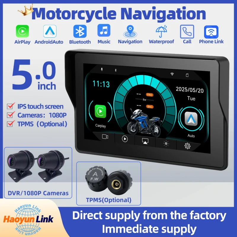 【5.0】Motorcycle Navigation Carplay Screen，Belt DVR Camera，Support TPMS