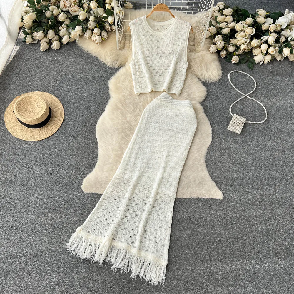 Chic Bohemian Crochet Hollow Two Pieces Sets Sexy Sleeveless Camis Tank Top with Tassel Midi Skirt Beach Vacation Fashion Sets