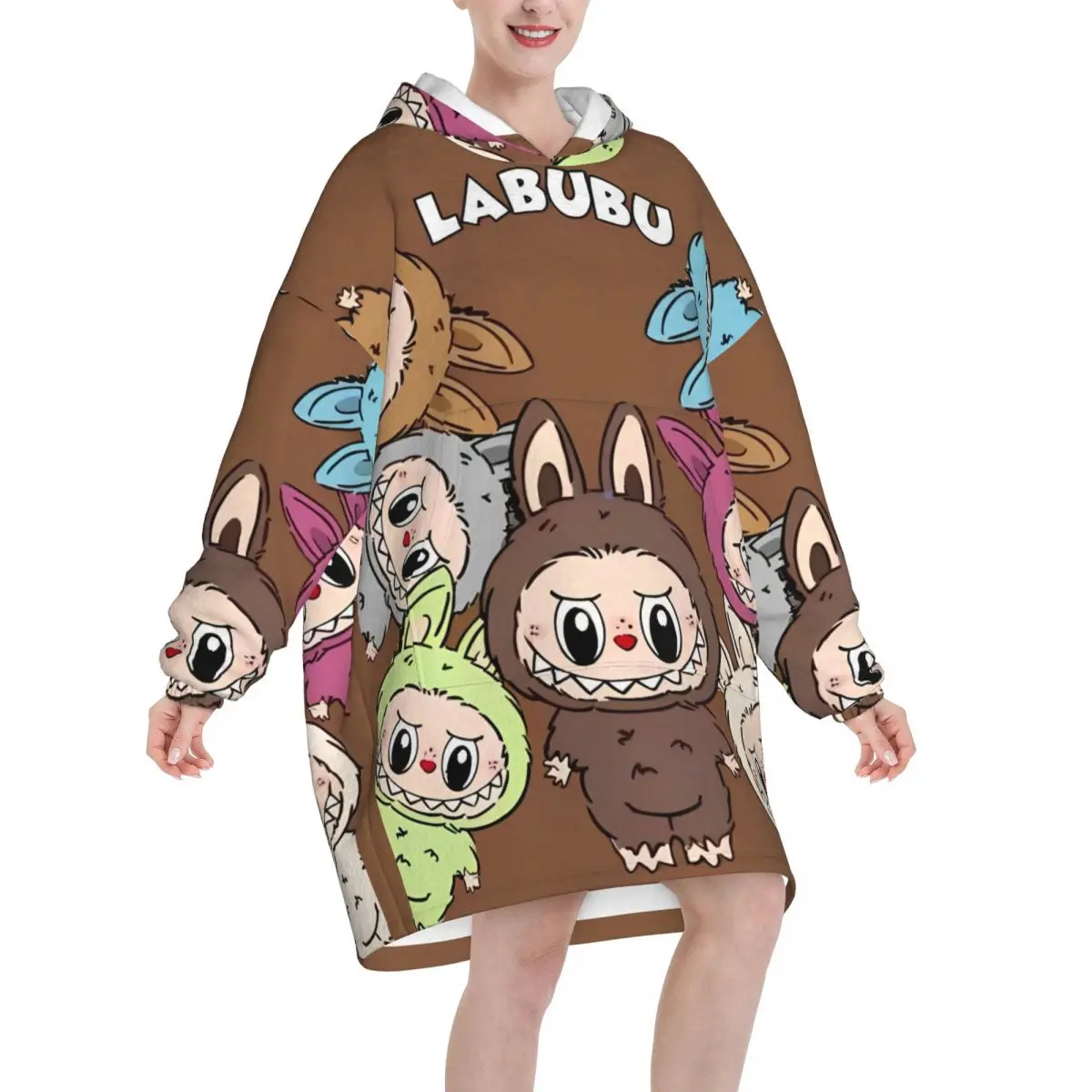 Oversized Labubu Cartoon Wearable Blanket Winter Gifts for Women Men Ultrasoft Plush Warm Sweatshirt Blankets With Pocket