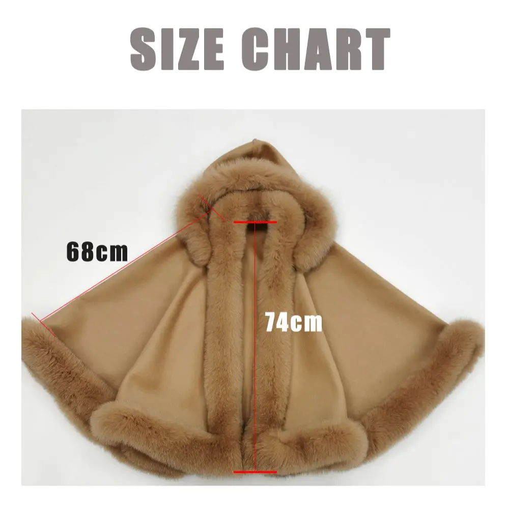 MISSJANEFUR Wool Cloak with Fur Trim Women Luxury Fashion Cashmere Cape Poncho with Detachable Hood Winter Warm Pashmina Coat