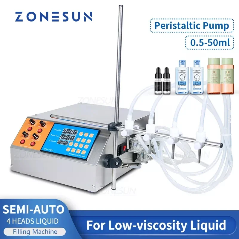 

ZONESUN 4nozzle Bottle Water Filler Semi-automatic Liquid Vial Filling Machine for Juice Beverage Soy Sauce Oil Perfume