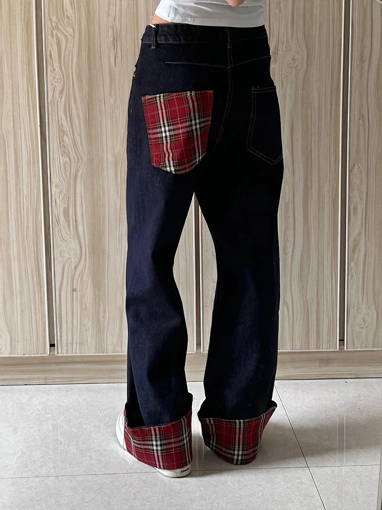 

American Sle Plaid Splicing Cuffed Denim Pants Women Summer 2024 New Loose Slimming High Waist Wide Leg Straight Jeans