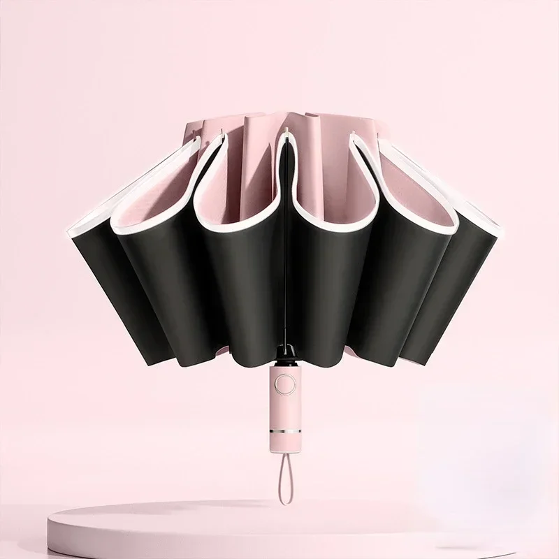 Pink Men Women Umbrella  Fully Automatic Reverse Folding Umbrella with Windproof Reflective Stripe UV Umbrellas