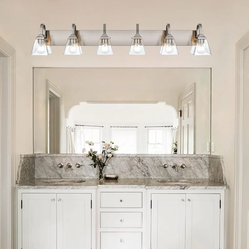 6 Light Bathroom Vanity Lights, Clear Glass Shades Sconces Wall Lighting Modern Brushed Nickel Vanity Lighting fixtures