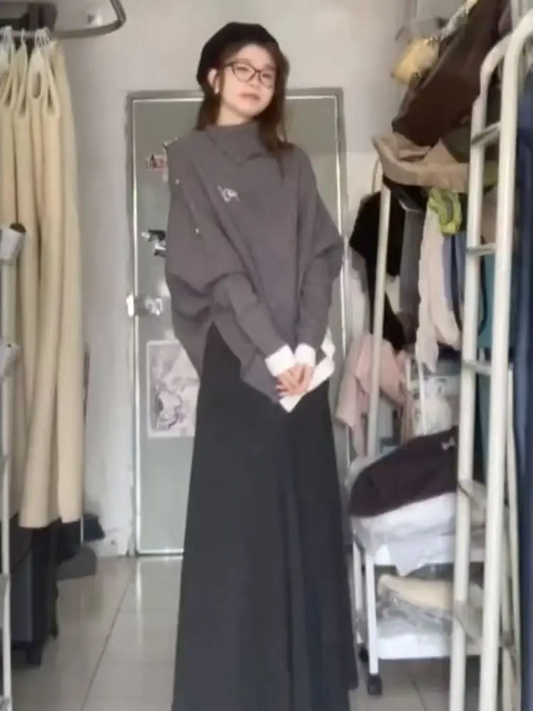 

Laid-ba Sle Asymmetrical Knitted Sweater High Waist Skirt Set Women's Faion Casual Outfit Winter Season