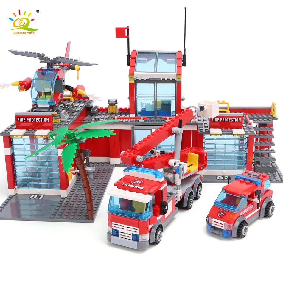 HUIQIBAO 774pcs City Fire Station Model Building Blocks Boys Firefighter Truck Educational Construction Bricks Toys For Children