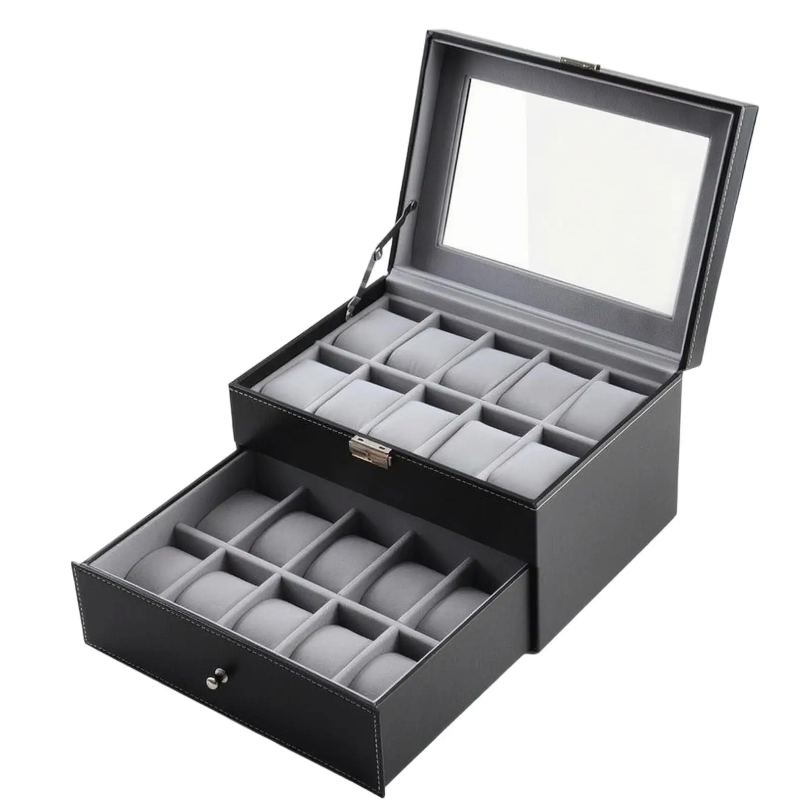 Wood Leather Watch Organizer Box with Clear View Top Window and Front Drawer for Watch Collection Enthusiast Gift