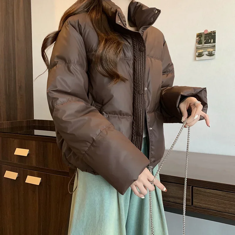 Winter Cropped Jacket Women Clothing Warm Puffer Jackets Parkas Chic Stand-up Collar Drawstring Thick Cotton-padded Jacket New