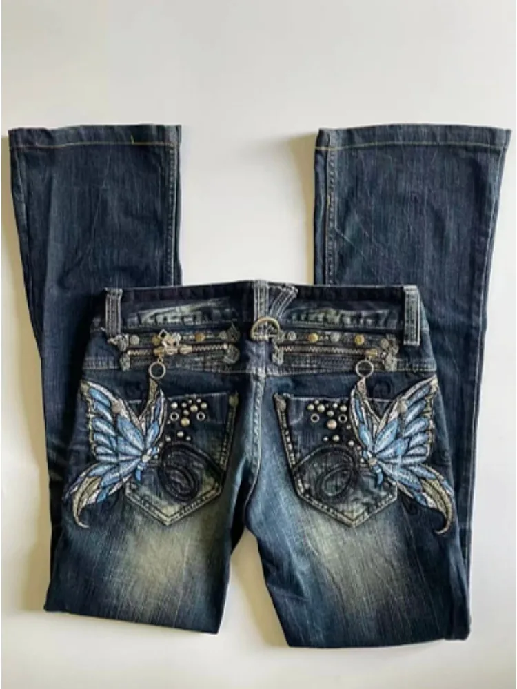 Y2K 2000s Aesthetic High Waisted Denim Jeans Women Gothic Punk Flare Pants Japanese Harajuku Hip‑hop Street Fashion Trousers