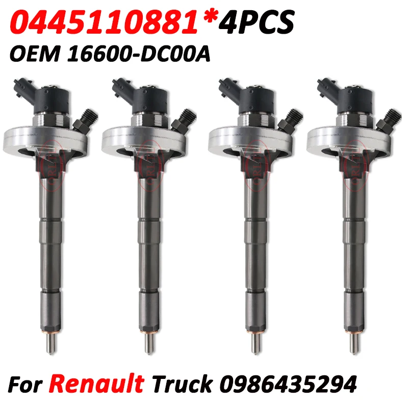 

4pcs 0445110881 Common Rail Injector 16600 EC00A Diesel Nozzle 0986435294 For Renault Trucks Mascott Body / Estate 7701058110