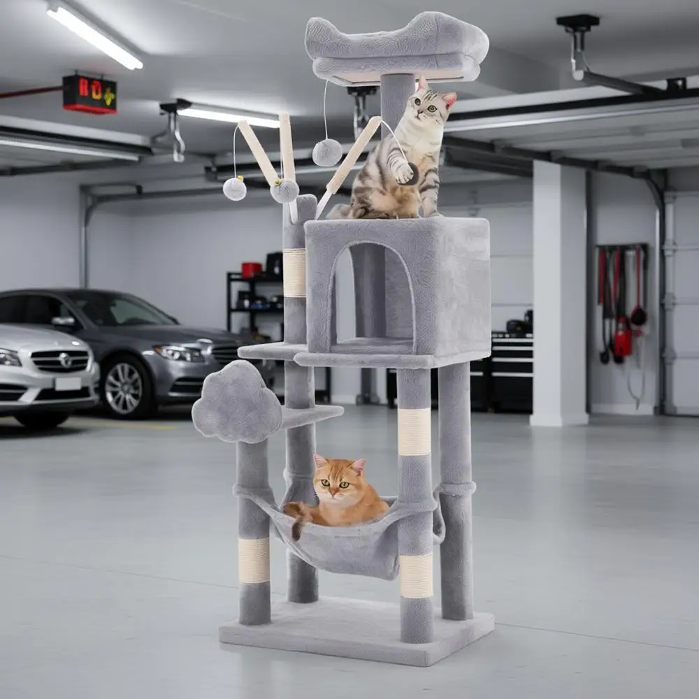 

Multi-Level Cat Tree with Scratch Posts, Window Padded Perch, Hammock, and Interactive Pompoms, Light Gray