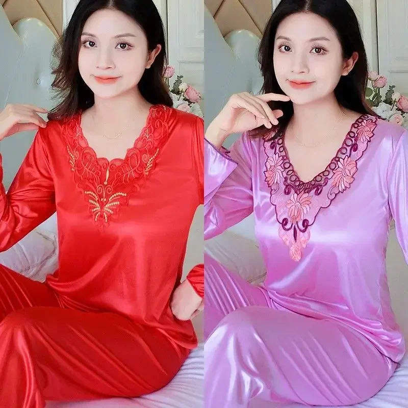 Large size pajamas for women spring and autumn styles ice silk thin style sexy long sleeved home clothing set, summer