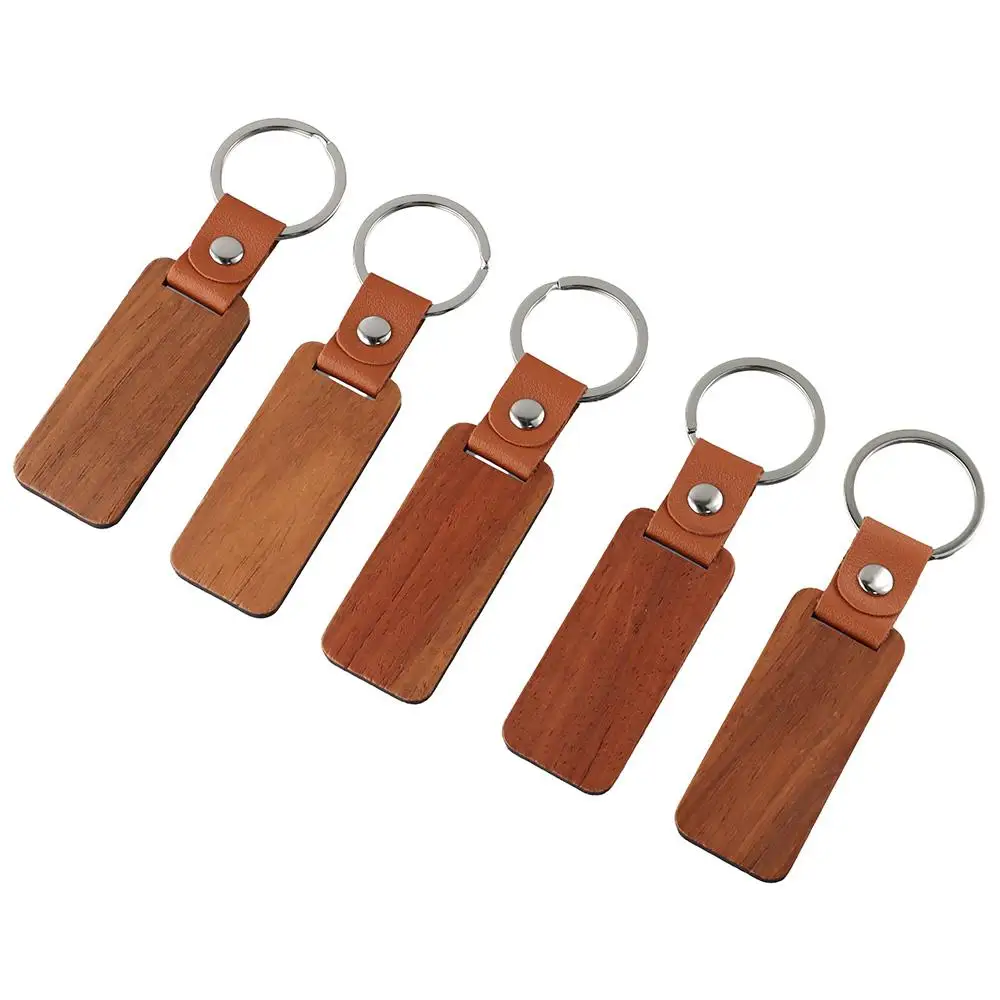 Keyring Wood Unfinished Wood Rectangle Leather Wood Keychain Wooden Leather Keychain DIY Engraving Gift