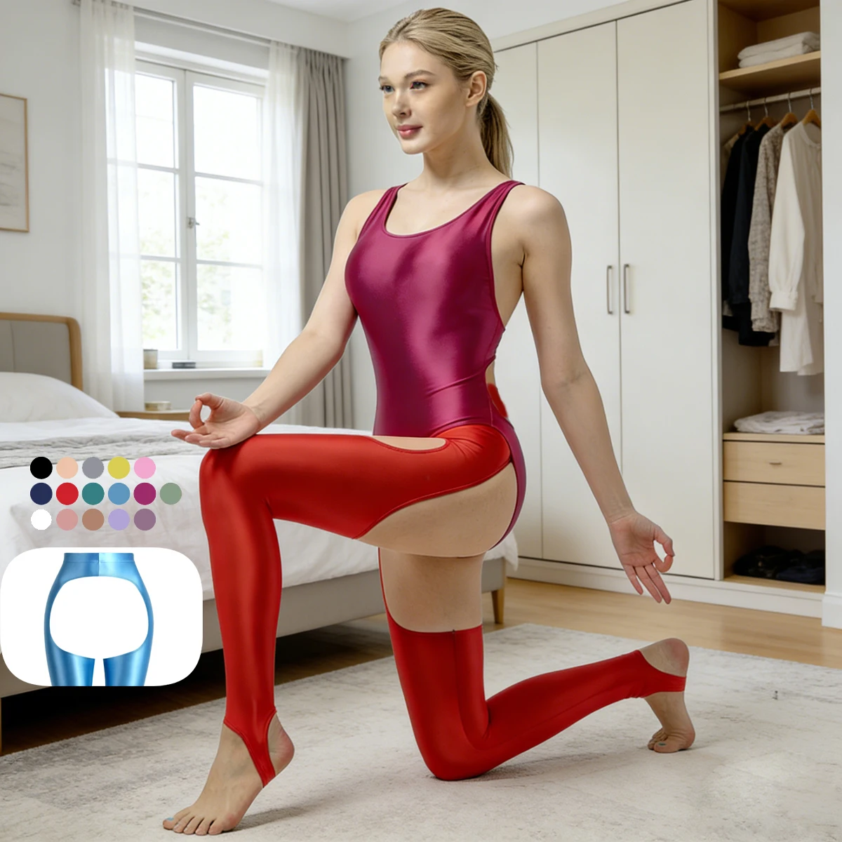 MJINM Women Glossy Satin Elastic Front Back Hollowout Gymnastic Bodybuilding High Waist Leggings Yoga Sport Pedal Pants Clubwear