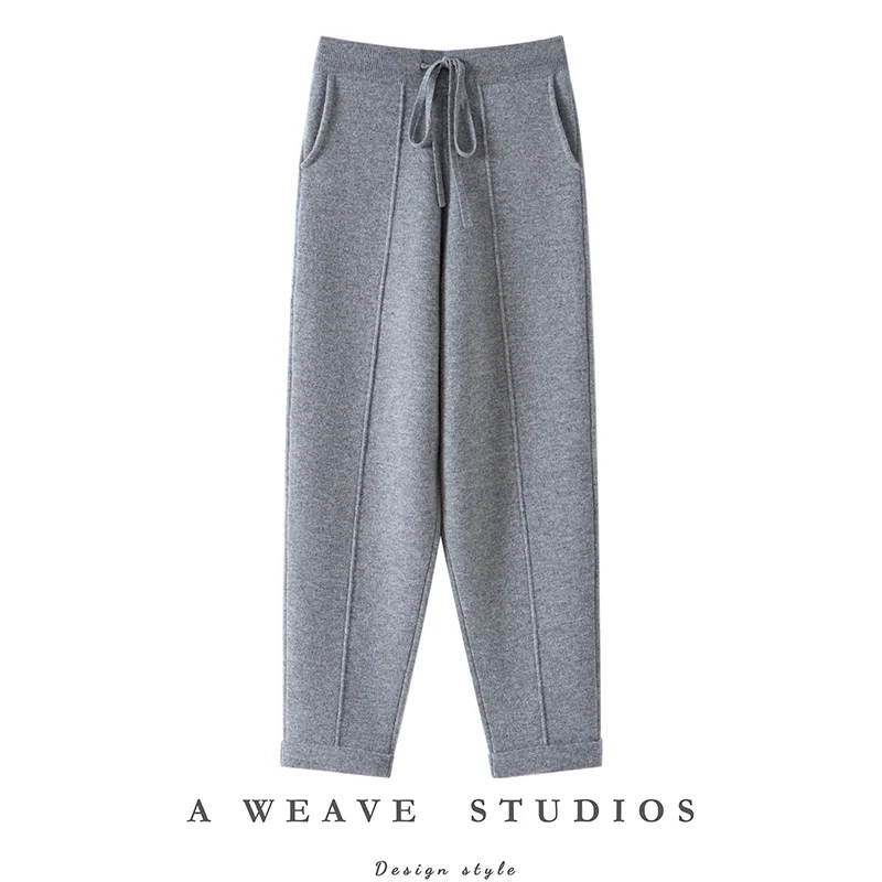 Autumn Winter Women 100% Cashmere Trousers Fashion New Style Thick Warm Pencil Pants Comfortable Elastic Waist Knit Pants