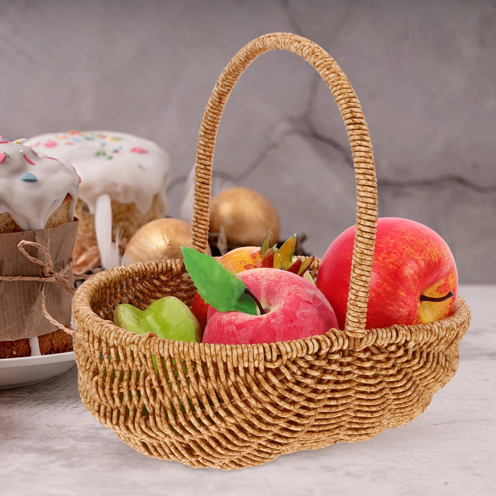 

Portable Wicker Basket Handle Picnic Fruit Camping Food Small Khaki Weaving Storage Baskets Handmade Vegetable Durable Sturdy