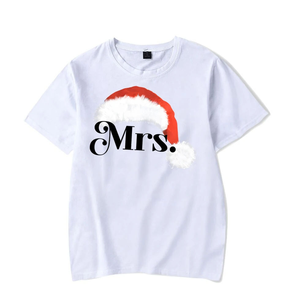 Matching Couples T-shirt Mr and Mrs Claus Santa Hat Tshirt Christmas Lovers Men Women T Shirts Christmas Party Couple\'s Clothing