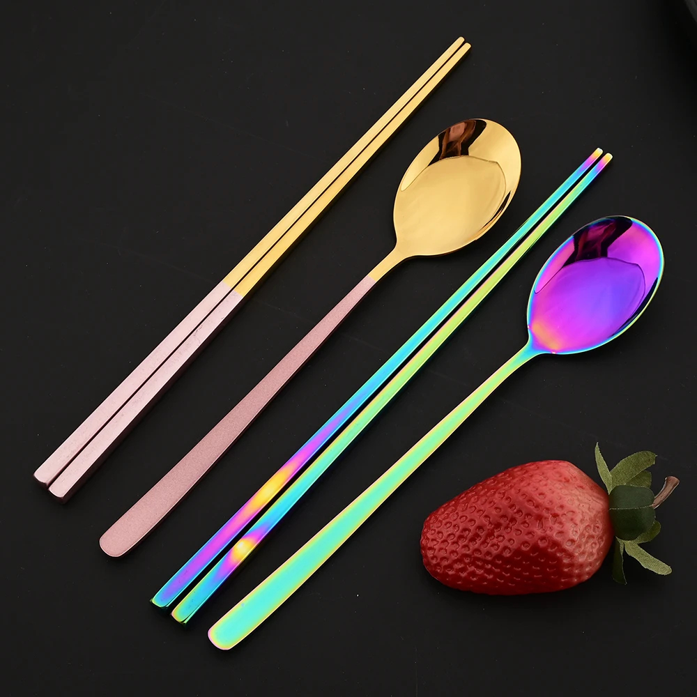 5Set Black Gold Portable Travel Cutlery Set Chopsticks Spoon 304 Stainless Steel Korean Dinnerware Set Luxury Tableware Set
