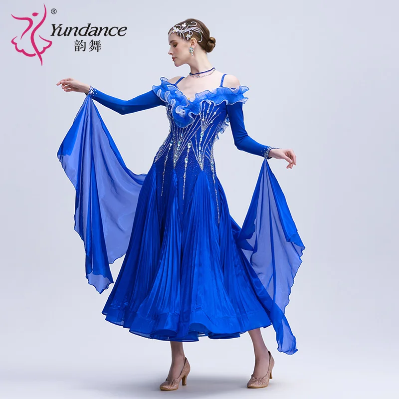 

B-24124 Custom new rhinestone dress standard ballroom dance high quality pleated fabric long ballroom dancing dress for sale