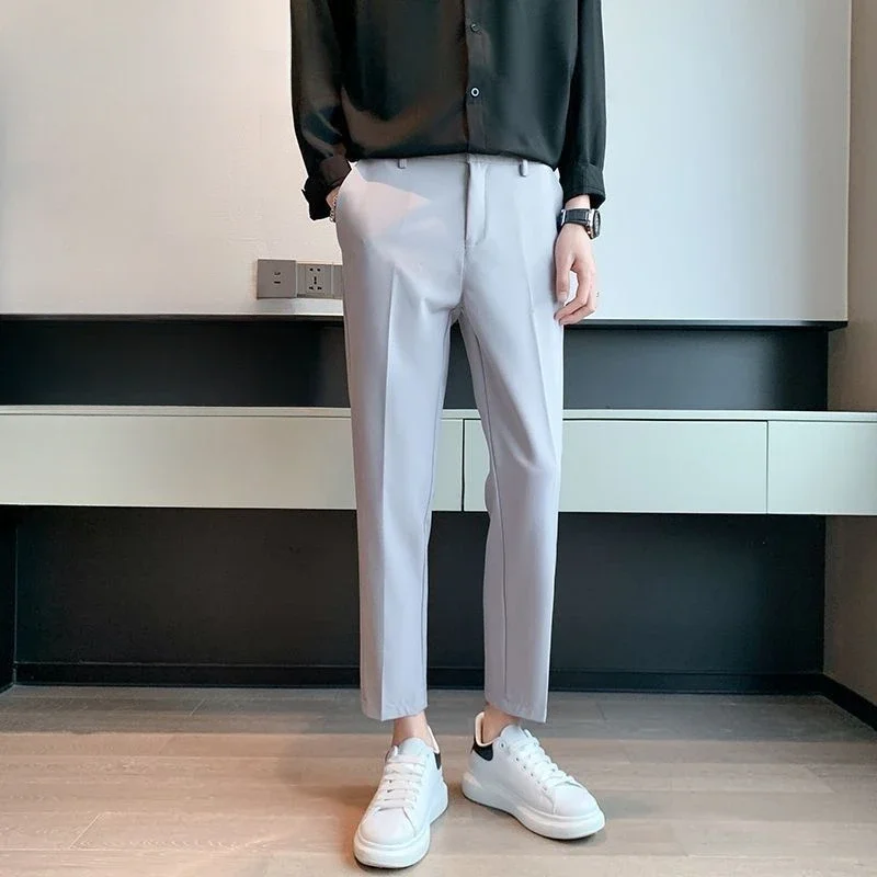 Slim Fit Male Suit Trousers White Tressed Plus Big Size Men\'s Summer Pants Slacks Dress New in Spandex Chinese Homme Elegant Up