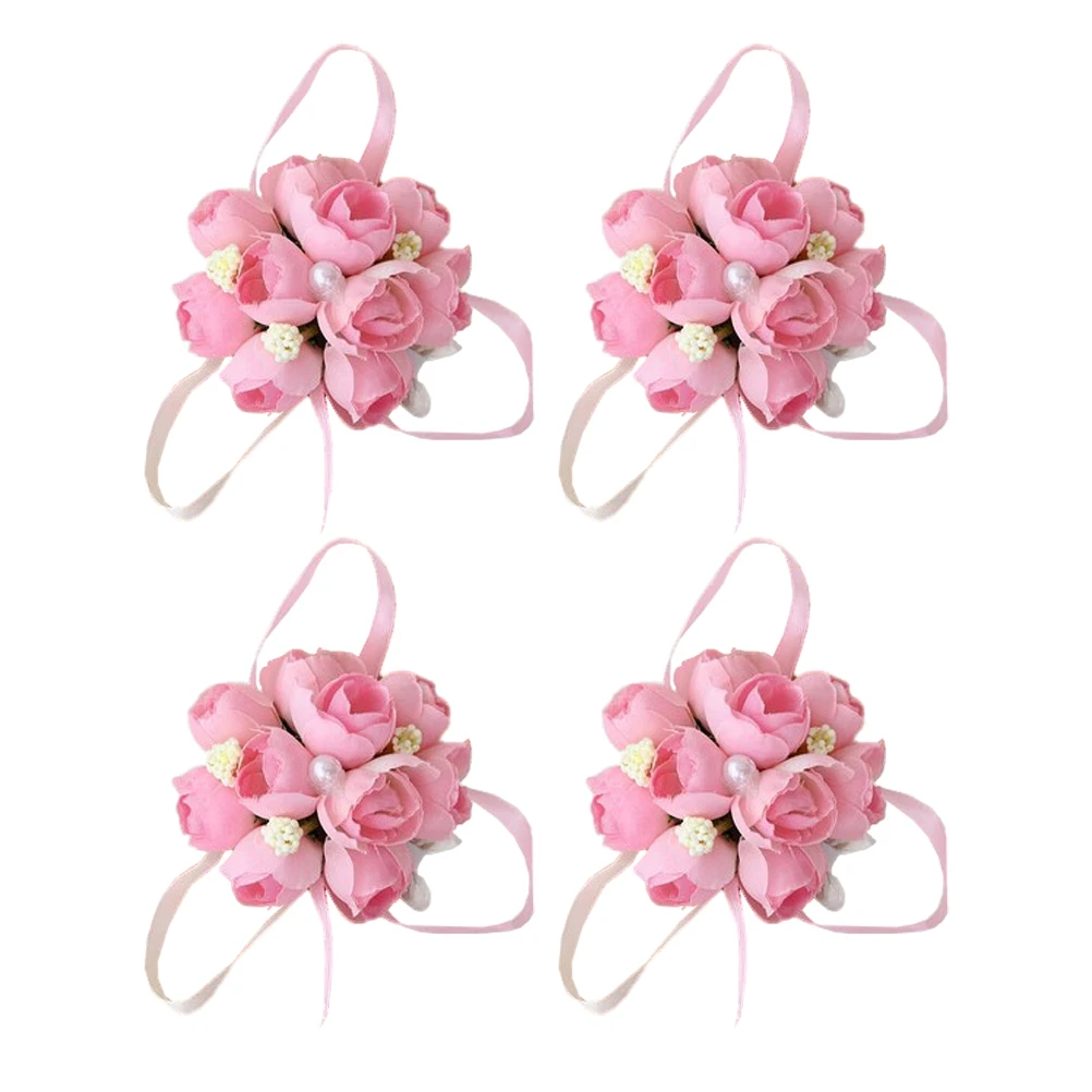 

4Pcs Wedding Wrist Flower Bridal Brooch Artificial Silk Flower Ornament for Bride Bridesmaid Party Church Decor Pink