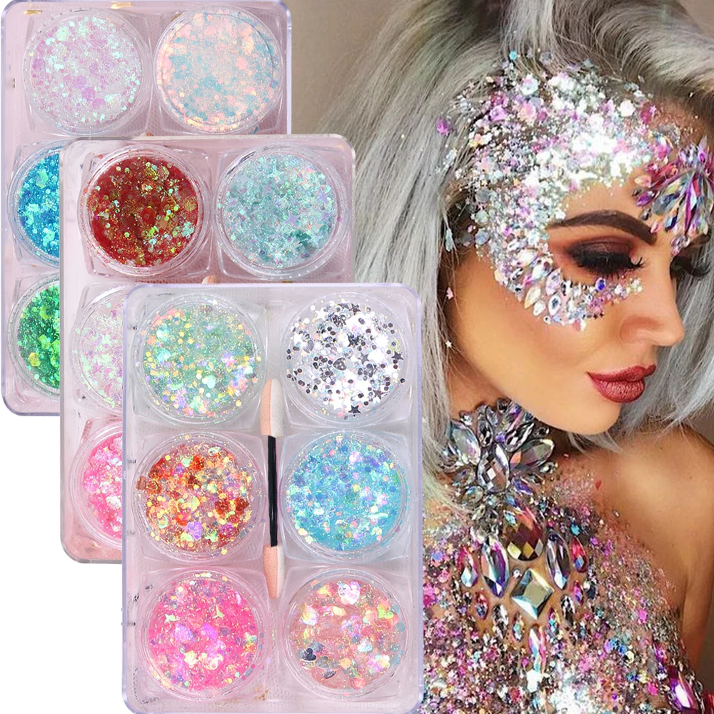 6Pcs/Set Nail Art Glitter Sequins Mixed Heart/Star/Round/Butterfly Aurora Flakes With Sponge Stick Eye/Face/Body Makeup Powder #