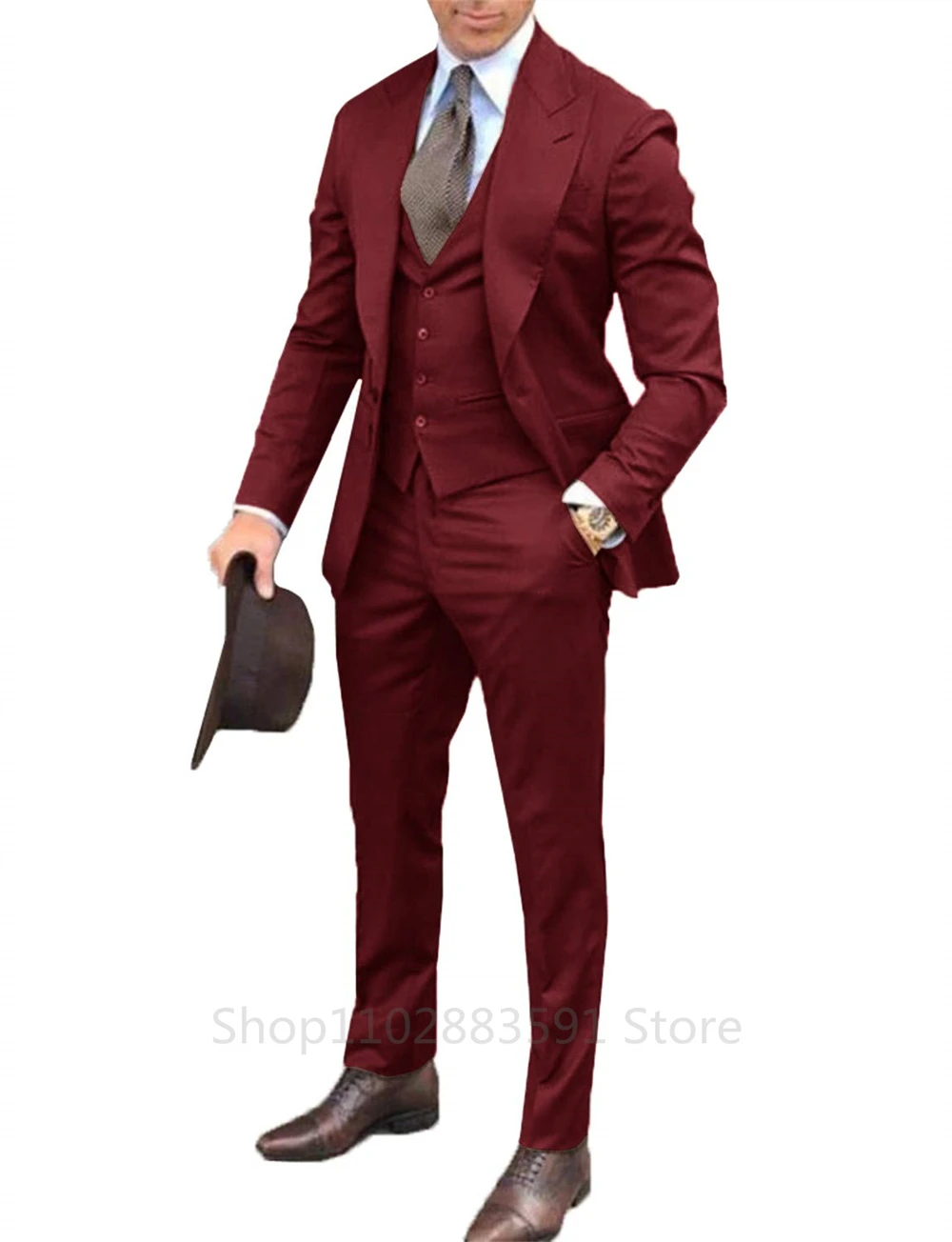 New 3 Pieces Burgundy Men Suit Formal Peak Lapel Slim Fit Groom Tuxedos Best Man Suits For Wedding/Business (Jacket+Vest+Pants)