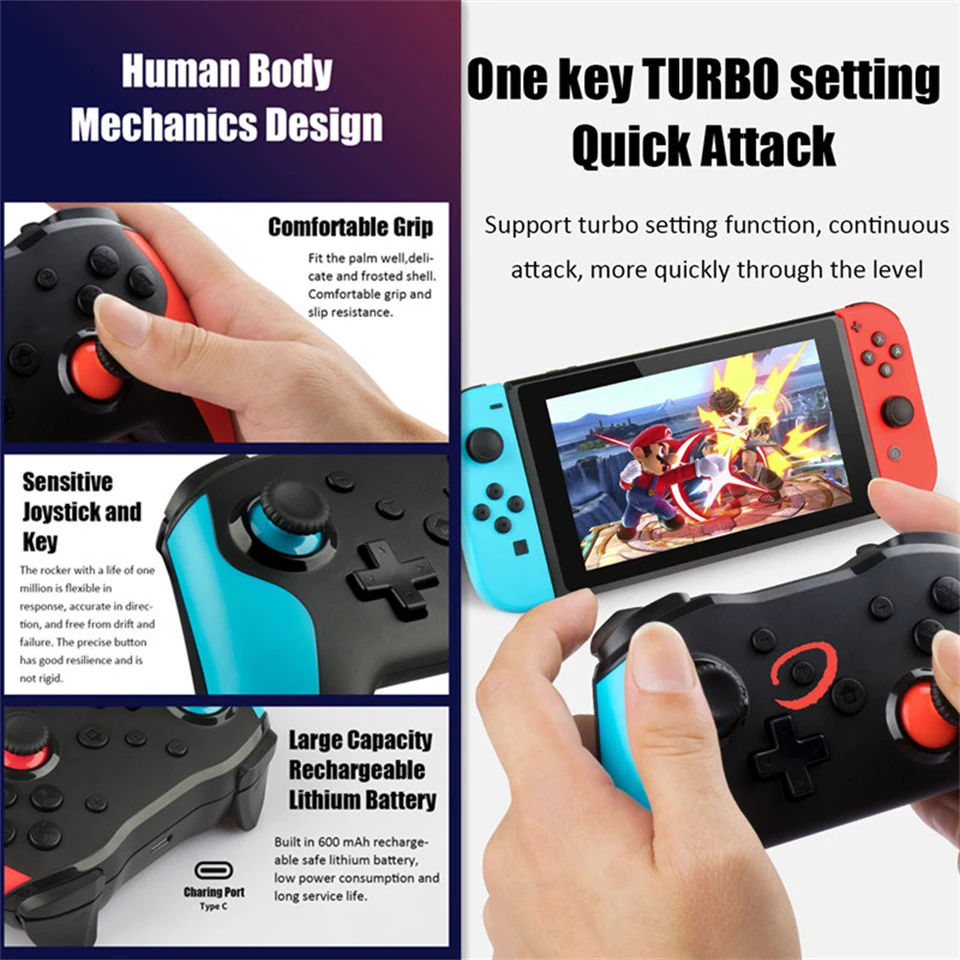 Imagem -02 - para Nintendo Interruptor Controlador sem Fio Bluetooth Gamepad Jogo de Vídeo Usb Controle Joystick para Ps3 Nintendo Switch Lite pc Win10