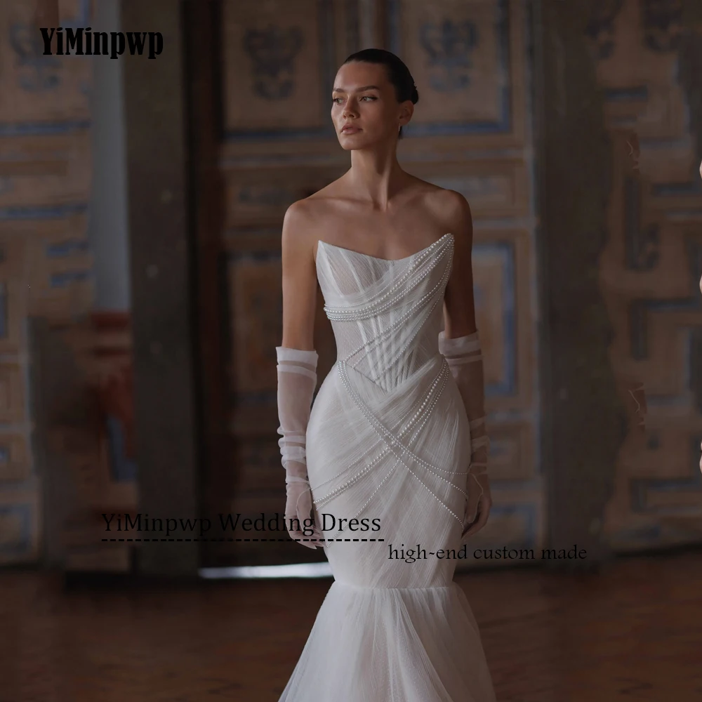 우아한 머메이드 여성 웨딩드레스 2025 신부 백리스 튤 스트랩리스 브라이덜 가운 슬리브리스 비딩 스윕 트레인 맞춤 제작