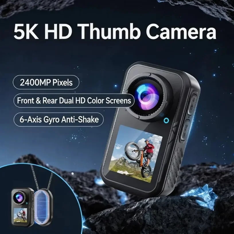 5K30FPS Mini Action Camera Dual Touch Screens 10 Second Pre-Recording Built-in Magnet 30M Waterproof with Included Case