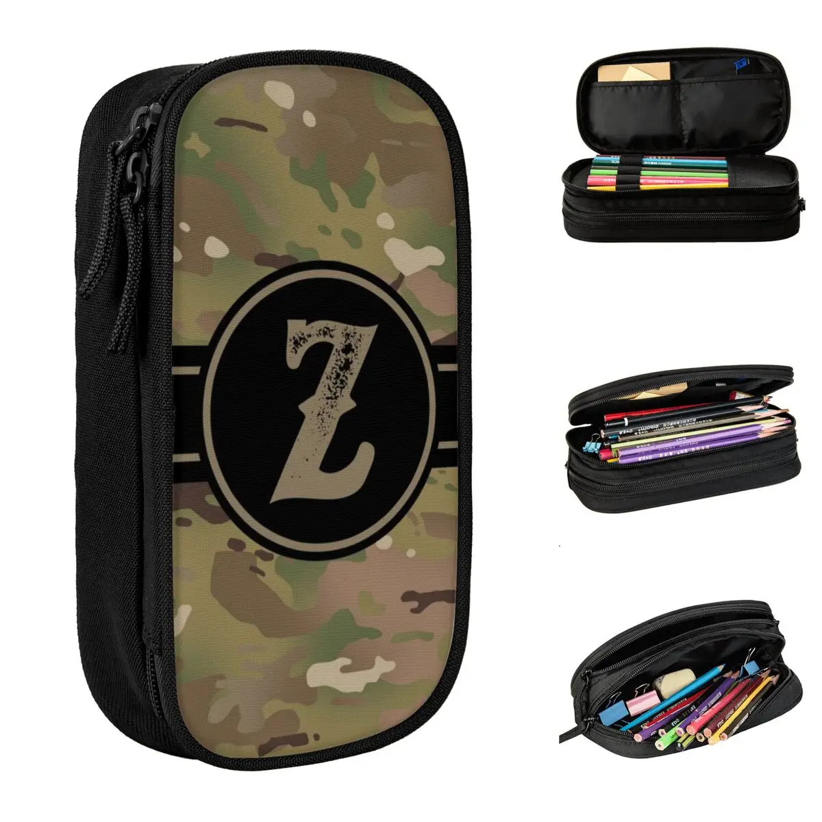 Army Camouflage Monogram Letter Z Pencil Case Military Camo Pencilcases Pen Box Big Capacity Bag Students School Stationery