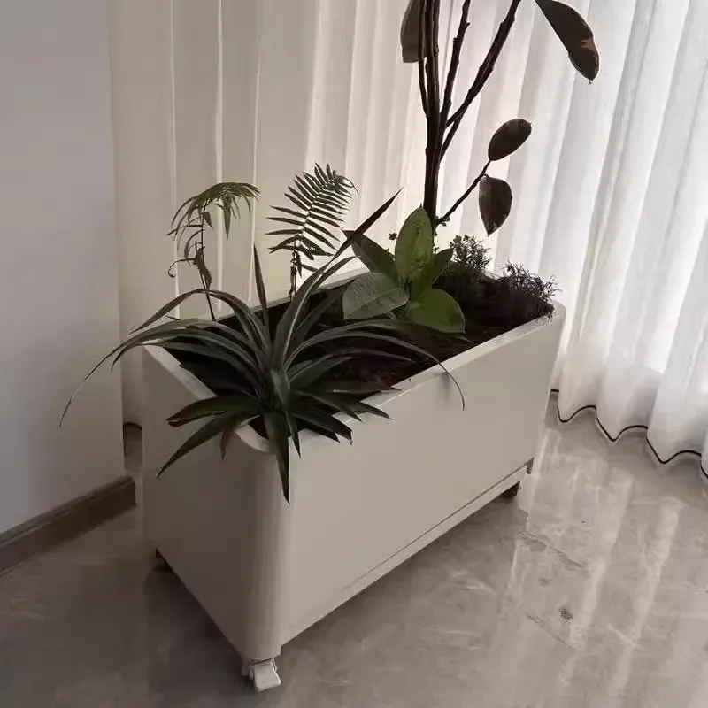 H158 Stainless Steel Planter with Water Tray & Wheels Mobile Leakproof Flower Box for Living Room Balcony Office