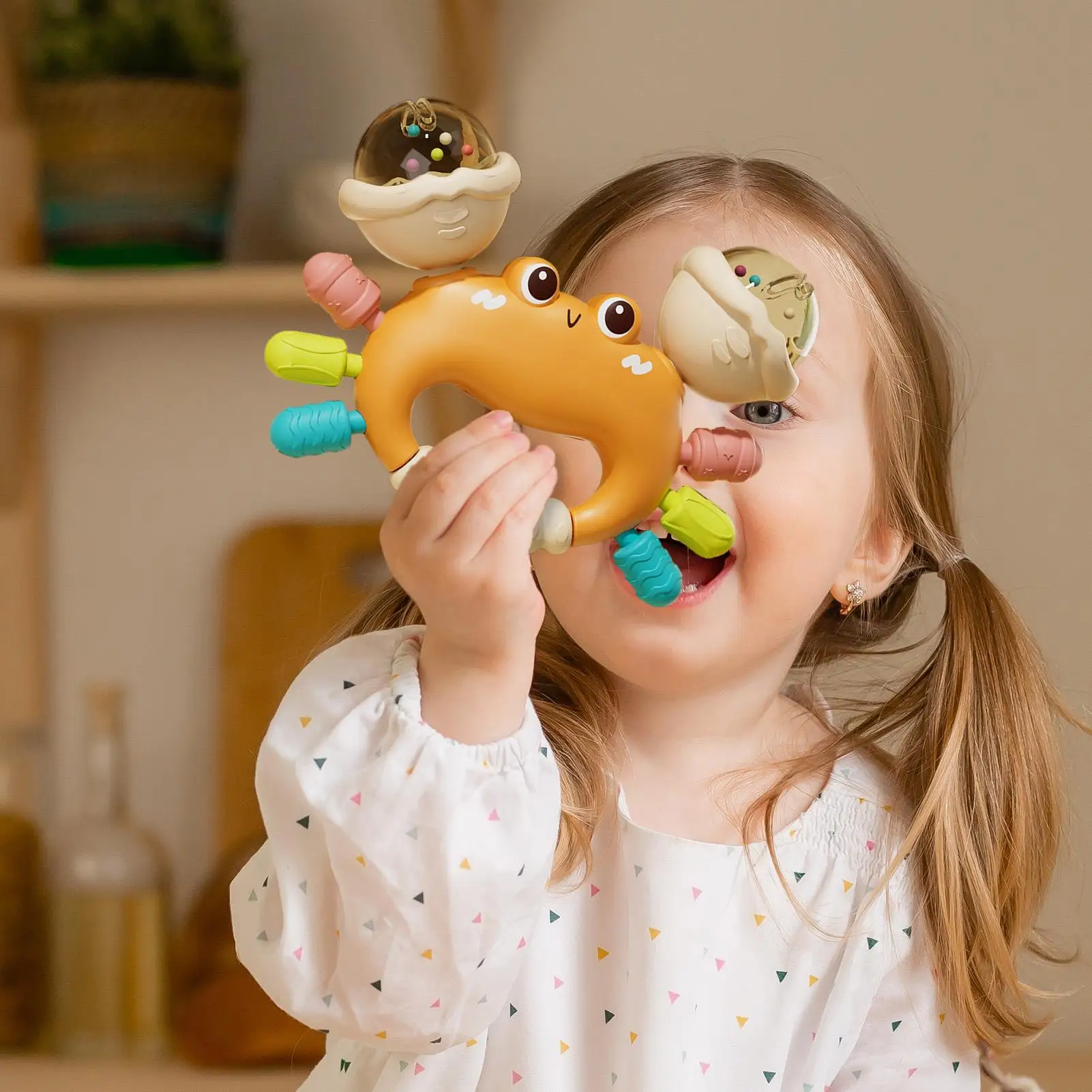 조기 개발 게 딸랑이 장난감 감각 치아 발달 장난감 쉬운 그립 손잡이 장난감 조기 교육 장난감 치발기 딸랑이 아기 장난감