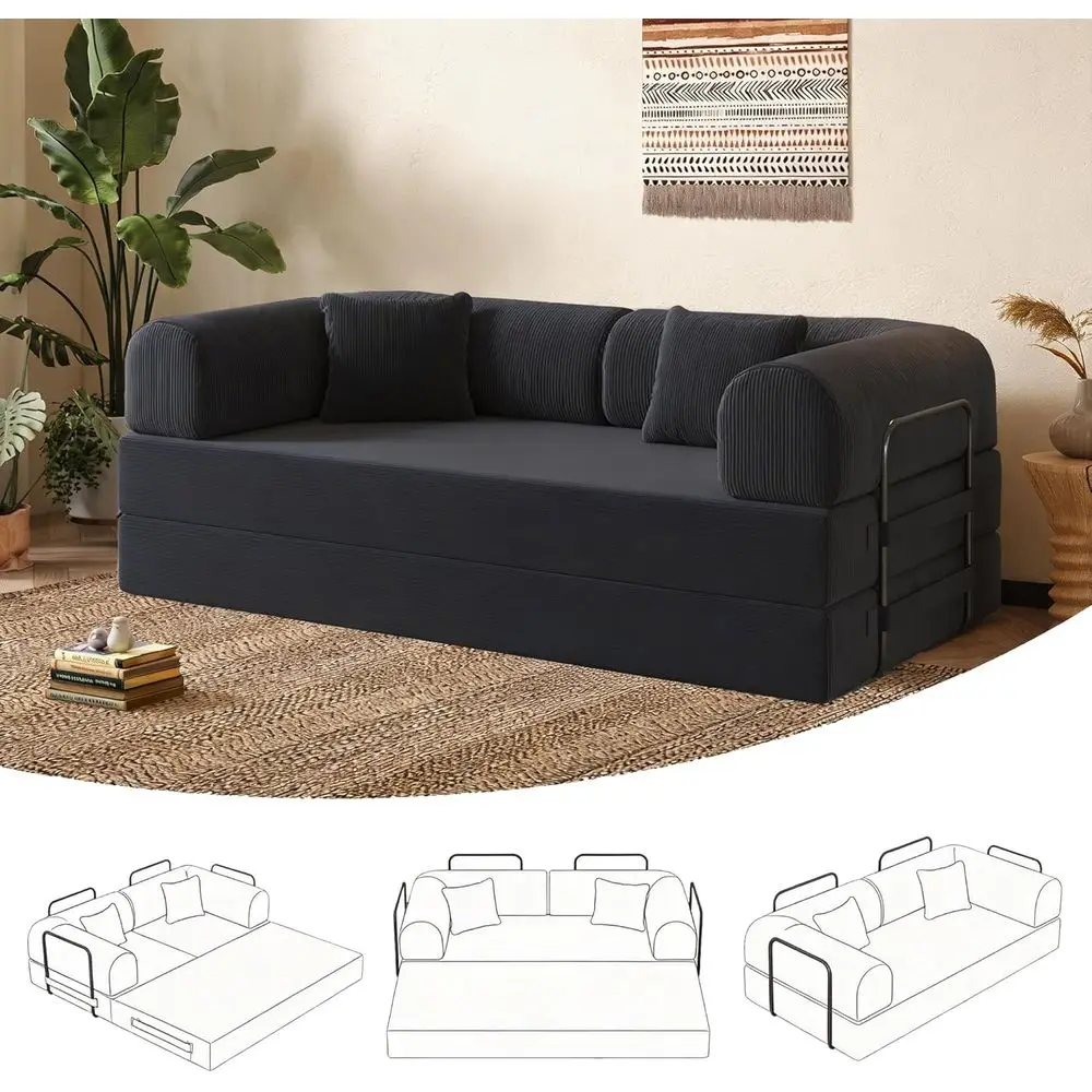 

79 Inch 5-in-1 Convertible Sofa Bed with Pillow, Comfortable Sleeper Couch for Living Room, Bedroom, or Lounge - Corduroy Black