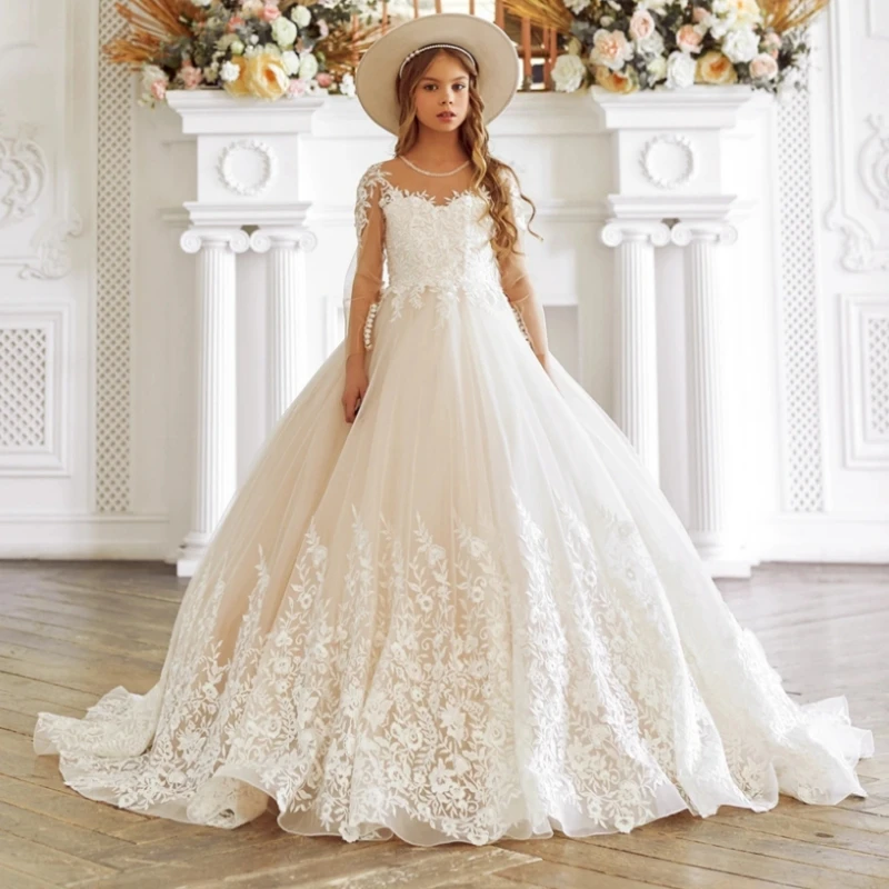 White Flower Girl Dress Lace Tulle Fluffy Wedding Girl Princess Attended Birthday Party First Holy Communion Dresses Customized