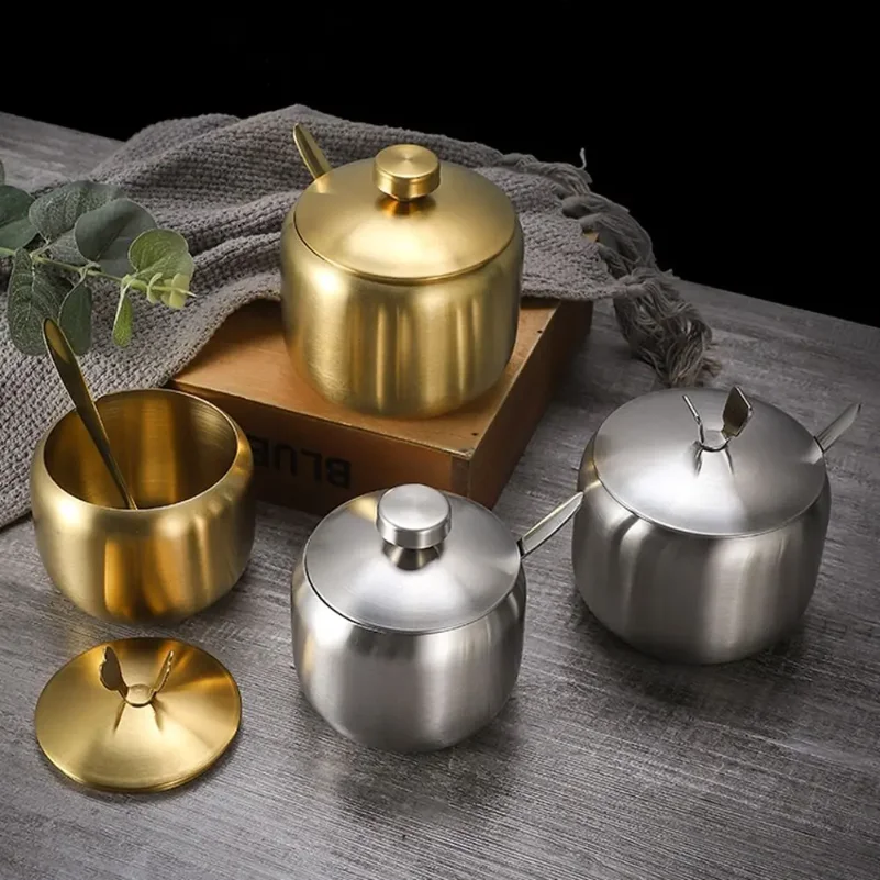 

Gold Silver Sugar Bowl With Spoon Lid Stainless Steel Small Condiment Container Large Capacity Seasoning Pot Kitchen Spices Jar